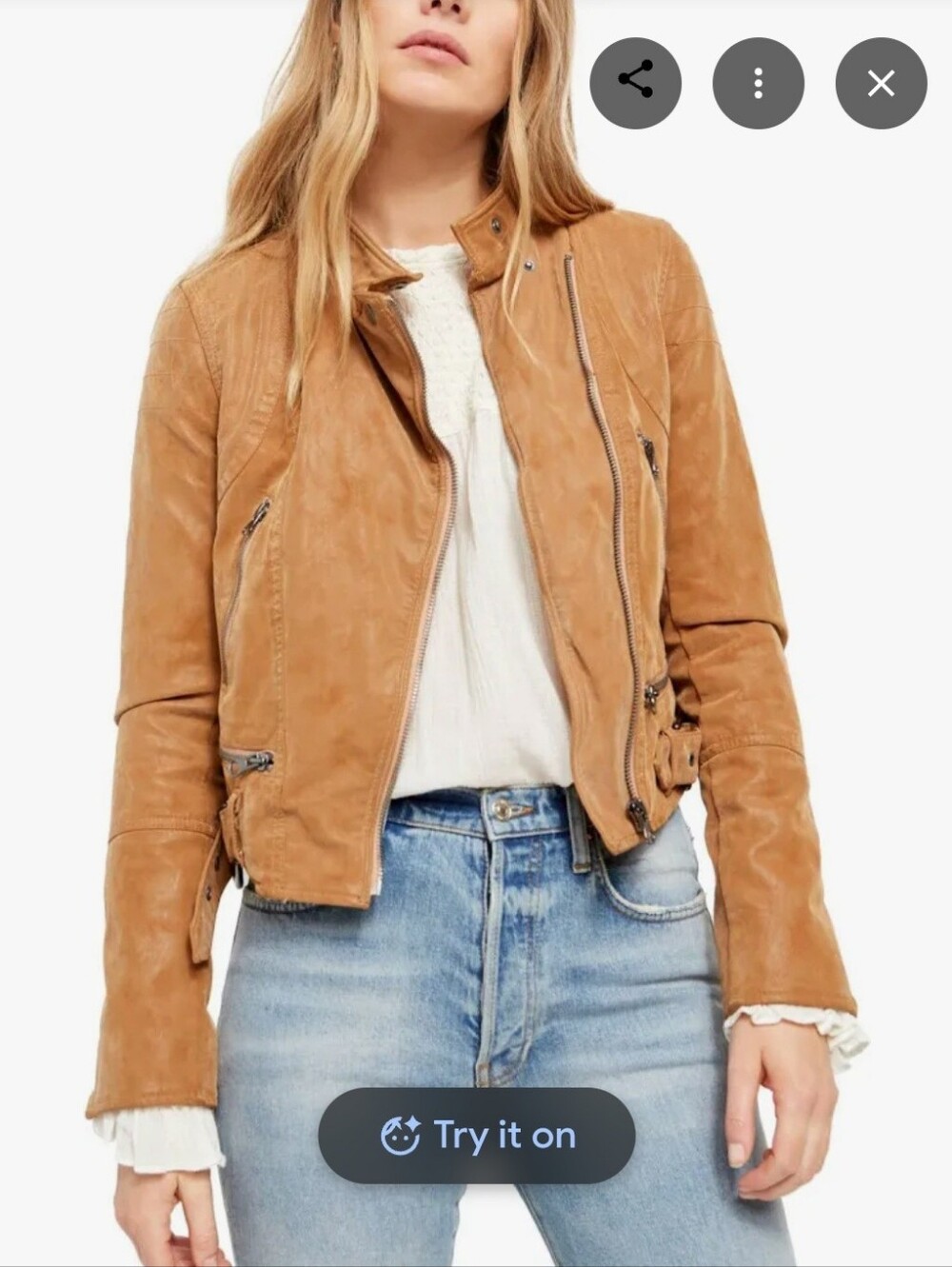 Free People Tan Leather Moto Jacket with Asymmetrical Zip